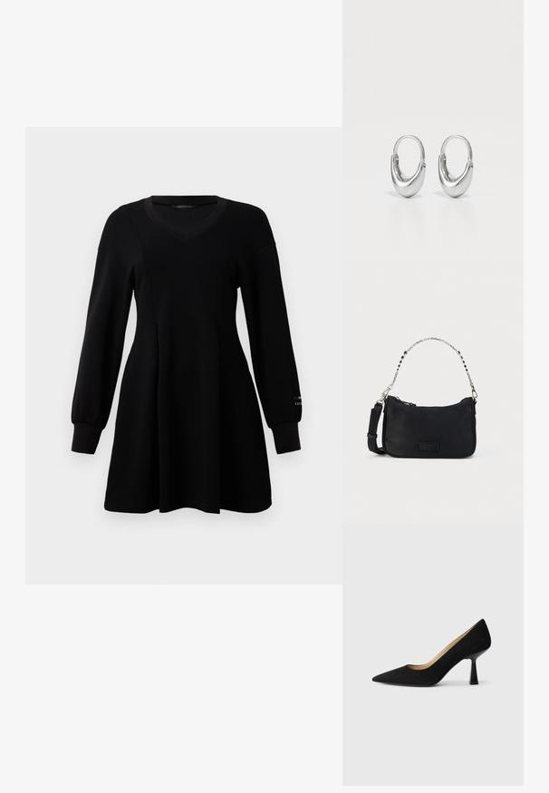Vestido negro de manga larga con escote en V, cintura ajustada, falda acampanada y puños acanalados, expuesto sobre un fondo blanco liso.; Zapato de tacón alto de ante negro con punta afilada, que cuenta con un tacón de bloque negro brillante y un forro interior suave.; Bolso de hombro de tela negra con cierre superior de cremallera, cadena y correa de cuero, y un parche de logo texturizado en el frente. Presenta un exterior liso.; Pendientes de aro de plata con forma curva de lágrima y acabado pulido. Presentan un cierre seguro y una textura suave.