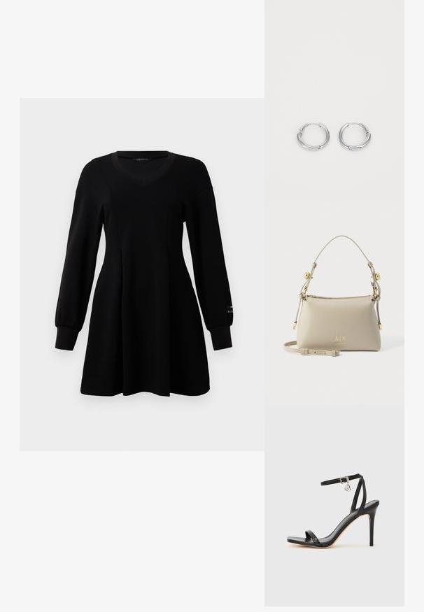 Vestido negro de manga larga con escote en V, cintura ajustada, falda acampanada y puños acanalados, expuesto sobre un fondo blanco liso.; Sandalia de tacón alto negra con una estrecha correa en el tobillo, punta cuadrada, material de cuero liso y detalle de hebilla metálica.; Bolso de hombro de cuero beige con correa ajustable, herrajes dorados y logo de A|X Armani Exchange en el frente.; Aros de plata en forma de aro con un acabado suave y pulido. Forma circular con un pequeño detalle de broche para el cierre. Diseño minimalista, livianos.