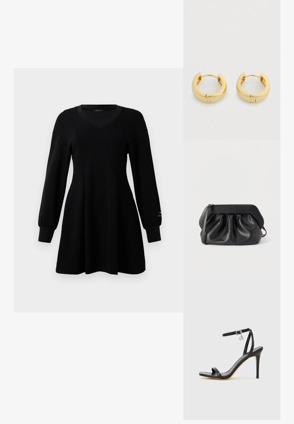 Vestido negro de manga larga con escote en V, cintura ajustada, falda acampanada y puños acanalados, expuesto sobre un fondo blanco liso.; Sandalia de tacón alto negra con una estrecha correa en el tobillo, punta cuadrada, material de cuero liso y detalle de hebilla metálica.; Bolso de mano de cuero negro con estructura rígida, detalles fruncidos y una correa delgada para la muñeca sobre un fondo blanco.; Pendientes de aro de oro con un acabado liso y pulido, forma circular y cierre de bisagra. El diseño es contemporáneo y minimalista.