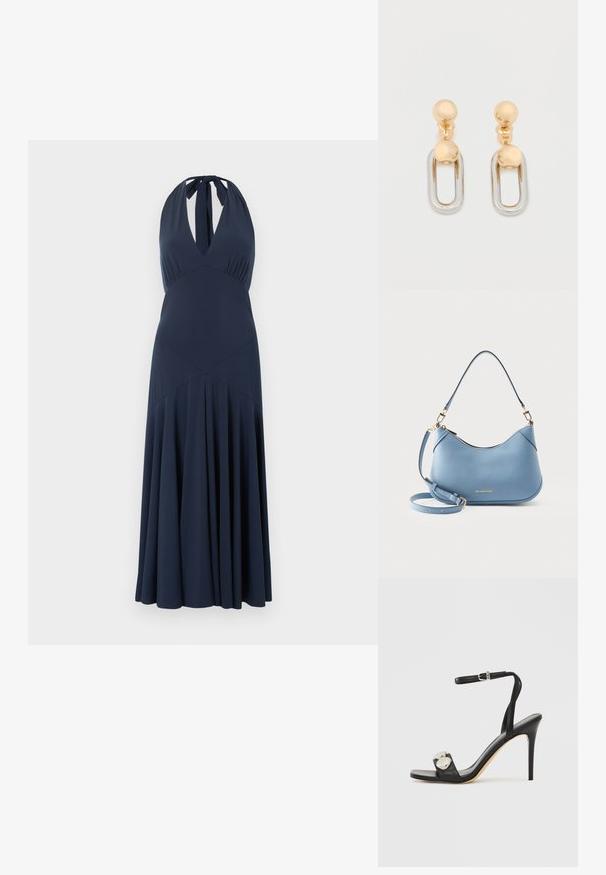 Robe maxi bleu marine à encolure américaine, décolleté en V profond, taille cintrée et jupe plissée fluide.; Sandale à talons hauts noire avec une bride à la cheville, présentant une tige en cuir lisse, un bout carré et deux accents métalliques ronds.; Sac à main Michael Kors en cuir bleu clair avec fermeture éclair sur le dessus, courte bandoulière et bandoulière détachable et réglable pour porter en travers du corps.; Boucles d'oreilles en or et argent avec un dessus sphérique et un élément pendant ovale allongé à finition brillante.