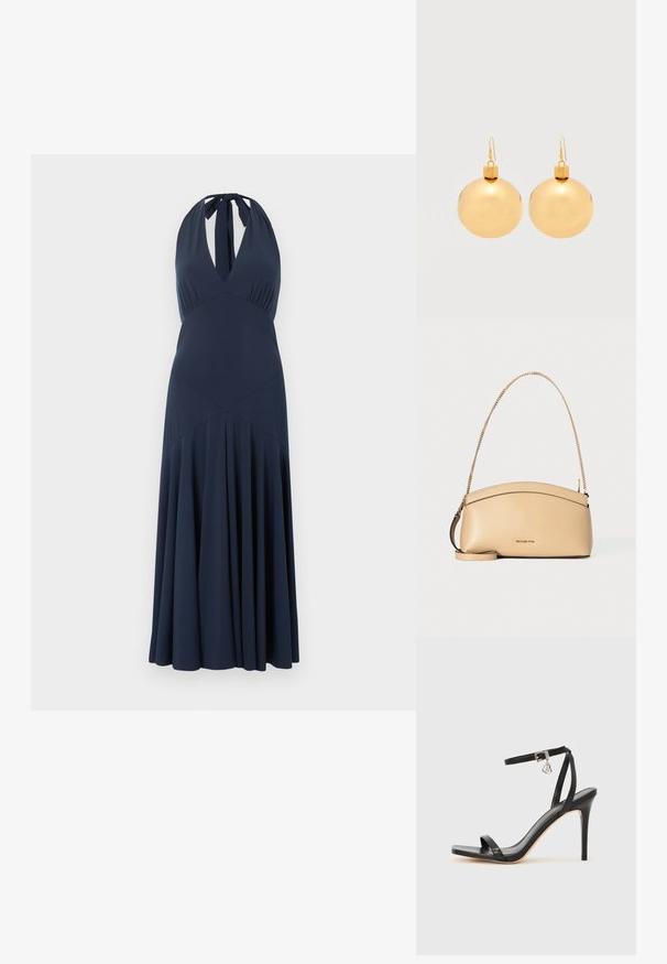 Robe maxi bleu marine à encolure américaine, décolleté en V profond, taille cintrée et jupe plissée fluide.; Sandale à talon haut noire avec une bride étroite à la cheville, bout carré, cuir lisse et accent de boucle métallique.; Sac à main en cuir beige avec bord supérieur incurvé, bandoulière chaîne dorée et petit logo doré centré à l'avant.; Paire de boucles d'oreilles boule de Noël dorées brillantes avec fermoirs à crochet sur fond blanc uni.