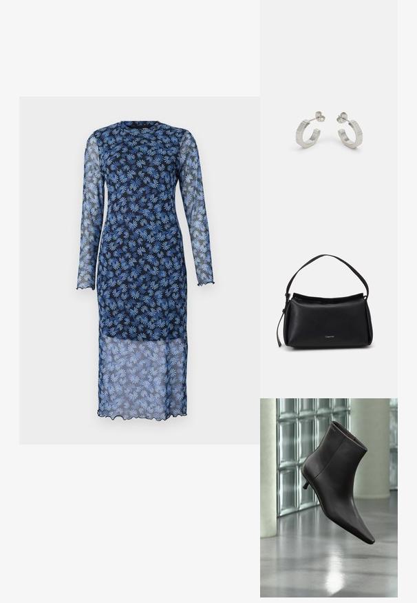 Langärmliges Kleid in dunklem Marineblau mit transparenter Stoff, das ein florales Muster in Hellblau zeigt, runder Ausschnitt und gewellte Kanten hat.; Schwarzer Leder-Knöchelstiefel mit spitzer Spitze und kleinem Absatz vor einer Wand aus Glasbausteinen und einem polierten Boden.; Schwarze Lederhandtasche mit geschwungener Form, einem einzigen Tragegurt und einem oberen Reißverschluss. Verfügt über ein dezentes Logo auf der Vorderseite zur Markenidentifikation.; Silberne Metall-Hoops mit strukturiertem Design, ausgestattet mit einem kleinen Steckverschluss und Branding an einem Hoop. Abgerundete Form mit glänzender Oberfläche.