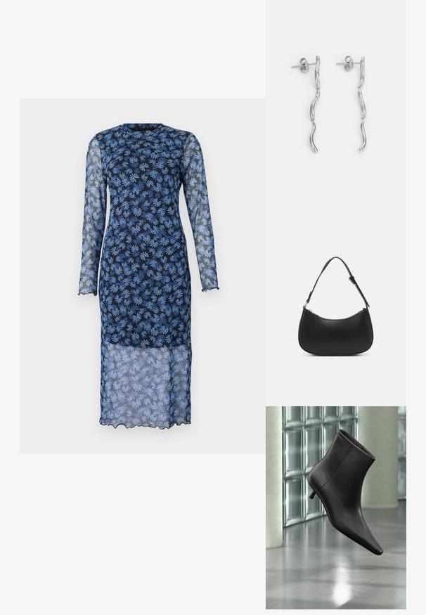 Vestido de manga larga en un azul marino oscuro con tejido transparente, que presenta un estampado floral en azul claro, cuello redondo y bordes con forma de ondulación.; Bota de cuero negro para el tobillo con puntera puntiaguda y tacón pequeño, exhibida frente a una pared de bloques de vidrio y un suelo pulido.; Pieces PCALUANA SHOULDER BAG - Bolso de mano - black; Pendientes de metal plateado con diseño ondulado, que cuentan con dos elementos alargados interconectados. Textura suave y acabado pulido. Cierre de tipo presión.