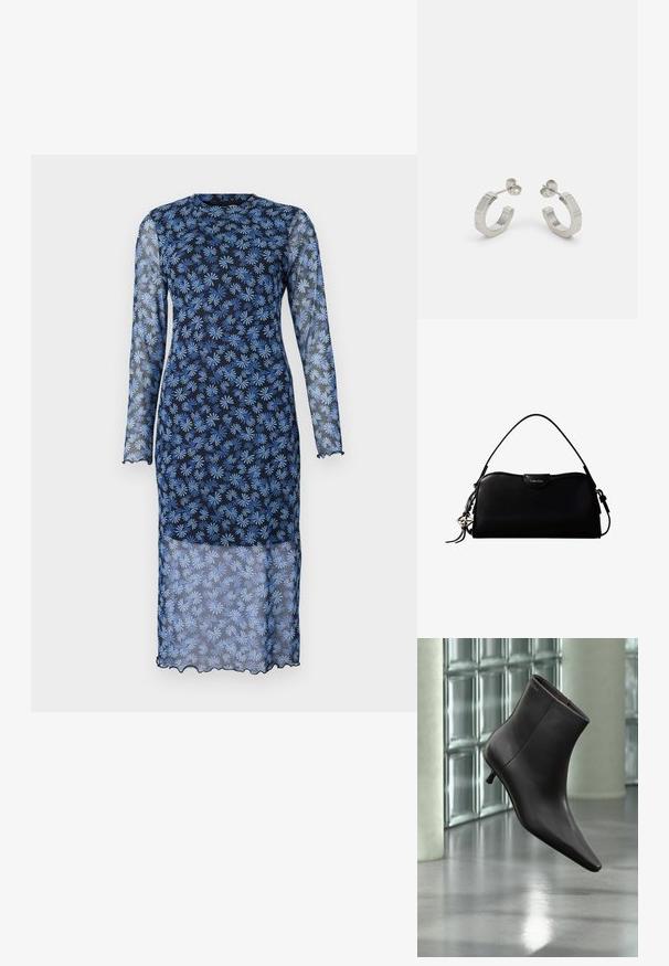 Vestido de manga larga en un azul marino oscuro con tejido transparente, que presenta un estampado floral en azul claro, cuello redondo y bordes con forma de ondulación.; Bota de cuero negro para el tobillo con puntera puntiaguda y tacón pequeño, exhibida frente a una pared de bloques de vidrio y un suelo pulido.; Bolso rectangular negro de Calvin Klein con una única correa superior, dije con el logo plateado y un pequeño cierre de solapa en la parte frontal.; Pendientes aros de metal plateado con un diseño texturizado, que cuentan con un pequeño respaldo de clip y una marca en uno de los aros. Forma redondeada con un acabado pulido.