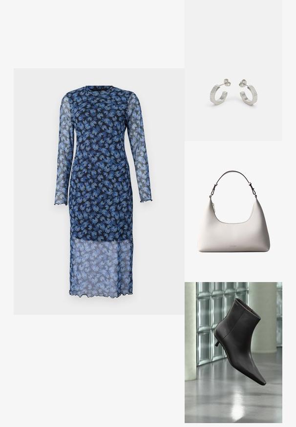 Vestido de manga larga en un azul marino oscuro con tejido transparente, que presenta un estampado floral en azul claro, cuello redondo y bordes con forma de ondulación.; Bota de cuero negro para el tobillo con puntera puntiaguda y tacón pequeño, exhibida frente a una pared de bloques de vidrio y un suelo pulido.; Bolso de hombro de cuero color crema de Calvin Klein con borde superior curvado, cremallera plateada y correa ajustable marrón oscuro.; Pendientes aros de metal plateado con un diseño texturizado, que cuentan con un pequeño respaldo de clip y una marca en uno de los aros. Forma redondeada con un acabado pulido.