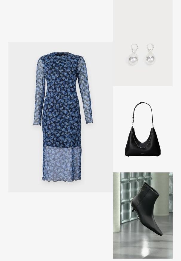Vestido de manga larga en un azul marino oscuro con tejido transparente, que presenta un estampado floral en azul claro, cuello redondo y bordes con forma de ondulación.; Botín negro de cuero con punta puntiaguda y tacón bajo estilo kitten, mostrado en ángulo sobre un suelo pulido y con una pared de bloques de vidrio de fondo.; Bolso de mano de cuero negro con detalle de cadena plateada y correa de hombro ajustable, con el logo de Calvin Klein en la parte frontal.; Pendientes de plata en forma de gota con superficies redondas y reflectantes colgando de cierres de palanca. El fondo es blanco liso.