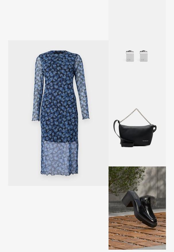 Langärmliges Kleid in dunklem Marineblau mit transparenter Stoff, das ein florales Muster in Hellblau zeigt, runder Ausschnitt und gewellte Kanten hat.; Schwarze Leder-Slip-on-Mule von Calvin Klein mit Blockabsatz, die auf Holzfliesen im Freien nahe einer grünen Pflanze und einer grauen Wand ruht.; Calvin Klein Jeans SCULPTED ROUND CHAIN - Umhängetasche - black; Silberne quadratische Manschettenknöpfe mit polierter Oberfläche, auf der einen Seite mit den eingravierten Buchstaben "CK" und einer abgerundeten Detailgestaltung an der Oberseite.
