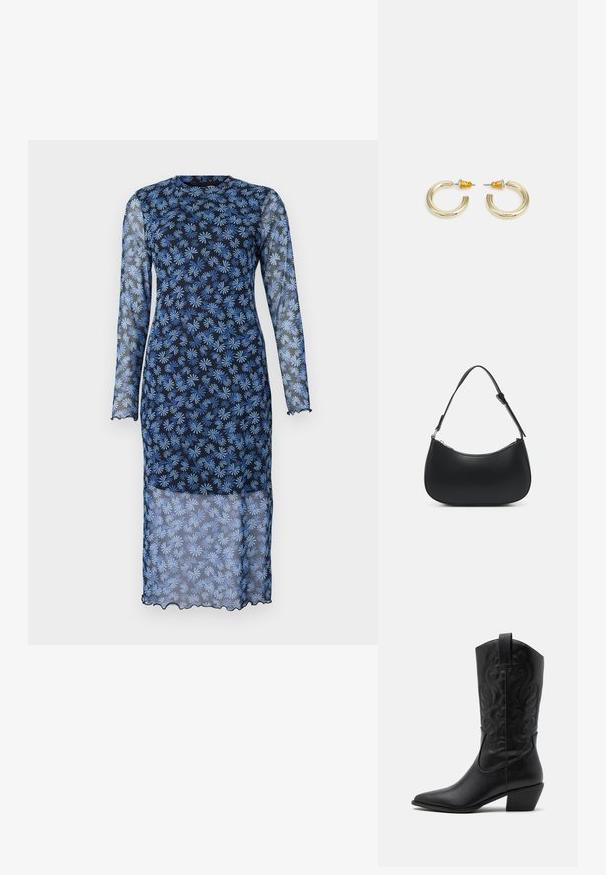 Langärmliges Kleid in dunklem Marineblau mit transparenter Stoff, das ein florales Muster in Hellblau zeigt, runder Ausschnitt und gewellte Kanten hat.; Schwarze Leder-Cowboy-Stiefel mit spitzem Zeh, geprägten, wirbelnden Mustern und einem mittelhohen Absatz. Mit einem Zuglasche für einfaches An- und Ausziehen.; Pieces PCALUANA SHOULDER BAG - Handtasche - black; Goldfarbene Creolen mit einer glatten, abgerundeten Form und einer polierten Oberfläche. Mit orangefarbenen Akzenten auf der Rückseite für sicheren Halt.
