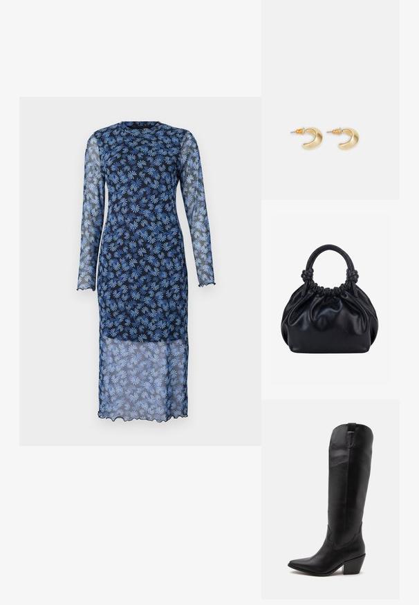 Vestido de manga larga en un azul marino oscuro con tejido transparente, que presenta un estampado floral en azul claro, cuello redondo y bordes con forma de ondulación.; Bota cowboy alta de cuero negro con punta afilada, tacón bajo cuadrado y costuras mínimas, mostrada de lado sobre fondo blanco.; Bolso de mano de cuero negro suave con parte superior fruncida y dos asas gruesas atadas en nudos sobre un fondo claro y liso.; Pendientes en forma de media luna de oro con un acabado suave, que presentan acentos naranjas cerca del pasador y herrajes de plata.
