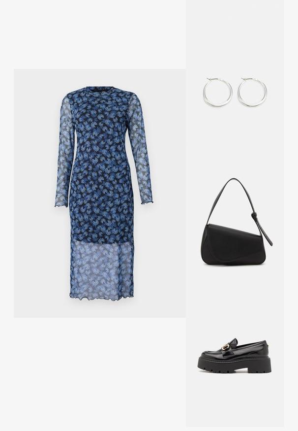 Vestido de manga larga en un azul marino oscuro con tejido transparente, que presenta un estampado floral en azul claro, cuello redondo y bordes con forma de ondulación.; Steve Madden OCCUPY - Zapatos sin cordones - black; Bolso de mano de cuero negro con forma triangular, tapa en ángulo y un asa superior redondeada. Presenta una textura suave y detalles de diseño minimalistas.; Los pendientes de aro de plata presentan un diseño suave y redondeado con un perfil delgado y un cierre seguro. Estilo minimalista con un acabado pulido.