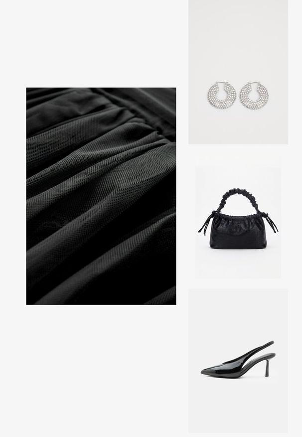 Sort tekstureret stof med et plisseret design, der viser et ensartet mønster og en blød udseende. Fokus på lag og folder i materialet.; Sort laklæder stilet højhælet slingback med spids tå og slank stilet hæl på hvid baggrund.; Sort taske med krokodilletekstur, rynket øverste kant, samlet hank og snore med kvaster på hver side mod en hvid baggrund.; Sølvøreringe med flere klare krystaludsmykninger, med en struktureret overflade og et åbent rundt design.