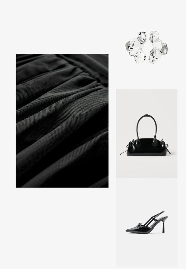 Sort tekstureret stof med et plisseret design, der viser et ensartet mønster og en blød udseende. Fokus på lag og folder i materialet.; Sort lakeret læder højhælet slingback-sko med spids tå, tynd hæl og dobbelt remdetalje over vristen.; Lille sort blank håndtaske med to lange håndtag og snøre-detaljer i siden på en ensfarvet lys baggrund.; Klynge af seks uregelmæssigt formede, gennemsigtige og reflekterende glaslignende stykker arrangeret på en hvid baggrund.