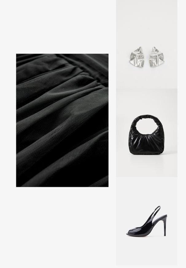 Sort tekstureret stof med et plisseret design, der viser et ensartet mønster og en blød udseende. Fokus på lag og folder i materialet.; Sort slingback højhælet sko i laklæder med åben tå og stiletthæl på ensfarvet hvid baggrund.; Sort polstret håndtaske med et rundt håndtag, der har en glat, skinnende overflade og en blød, kviltet tekstur. Ingen synlige hardware eller accenter.; Sølvmetal øreringe med et bølgende, skulpturelt design, der har en poleret overflade og uregelmæssige former, hvilket fremhæver en moderne æstetik.