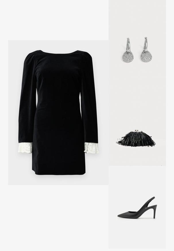 Robe en velours noir à manches longues, ornée d'une bordure en dentelle blanche aux poignets et d'un décolleté carré. Texture lisse, silhouette ajustée.; Escarpins à talon aiguille en cuir noir, avec un design à bout pointu, présentant une découpure à l'avant et un talon fin.; Pochette noire à franges avec fermoir argenté et chaîne, sur un fond clair uni.; Boucles d'oreilles créoles en argent avec des pendentifs ronds et plats incrustés de petits cristaux clairs sur un fond clair uni.