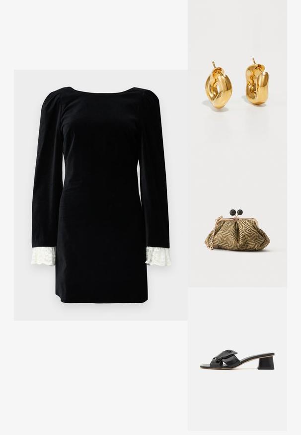 Robe en velours noir à manches longues, ornée d'une bordure en dentelle blanche aux poignets et d'un décolleté carré. Texture lisse, silhouette ajustée.; Sandales à glissière en cuir noir avec une large sangle ornée de chaînes, bout ouvert et talon géométrique haut. Texture lisse et design minimaliste.; Petite pochette avec motif géométrique doré et noir, cadre en métal doré, fermeture à boule noire et une courte chaîne dorée.; Boucles d'oreilles créoles en or massif avec un design tubulaire légèrement tordu et des fermoirs à tige sur un fond blanc.