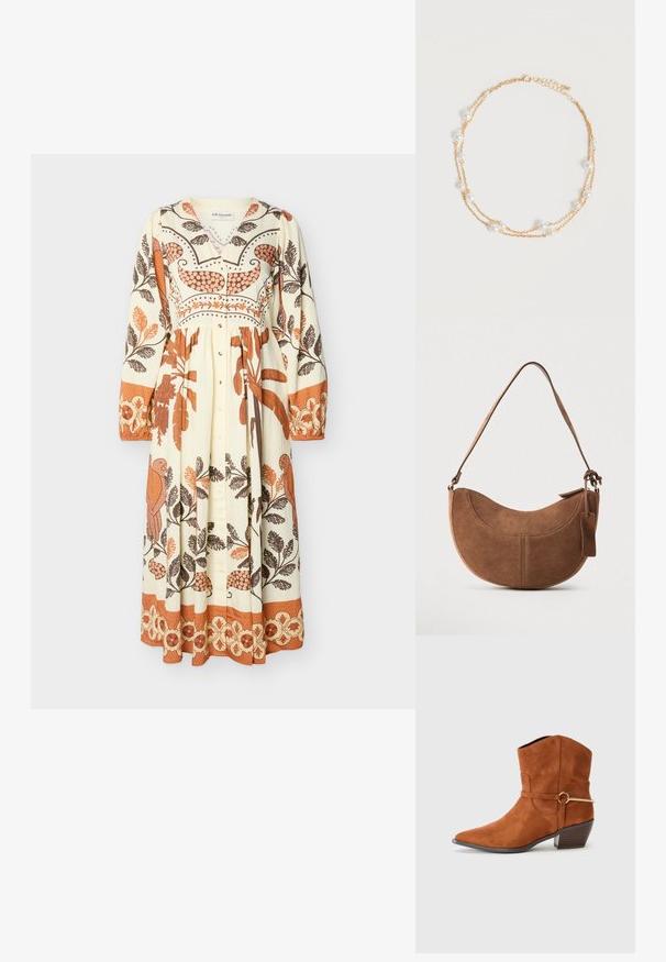 Longue robe crème avec boutons sur le devant, manches longues, et motifs floraux et oiseaux orange et marron sur toute la surface.; Bottines en suede marron avec un bout pointu, un talon bloc moyen et une sangle décorative avec des finitions en or. Fini texturé sur l'ensemble.; Sac à main en daim marron de forme courbée en demi-lune. Il est doté d'une bandoulière, d'une petite étiquette et de coutures visibles le long des bords.; Collier délicat à double chaîne en or avec de petites perles blanches espacées régulièrement sur un fond clair uni.