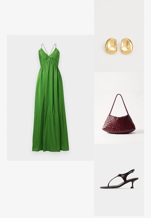 Robe verte longue jusqu'au sol, sans manches, avec fines bretelles, corsage froncé et jupe ample et fluide.; Sandale slingback en cuir verni marron foncé avec petit talon et bride entre les orteils sur fond blanc.; DRAGON DIFFUSION ROSANNA - Sac à main - bordo; Boucles d'oreilles en forme de clou de couleur or, avec une forme lisse et arrondie et une surface réfléchissante, mettant en avant un design minimaliste sans motifs visibles.