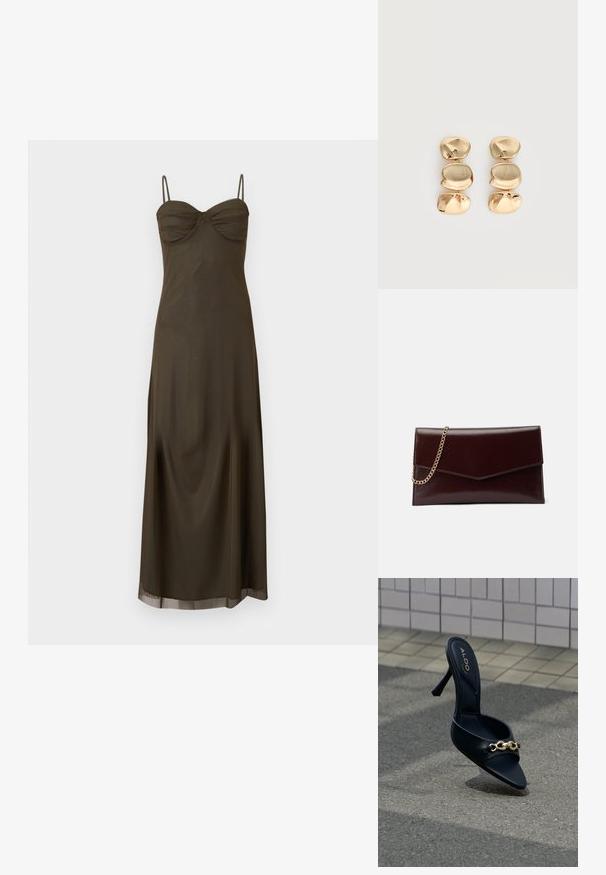 Vestido maxi verde oliva oscuro con tirantes de espagueti, busto fruncido y falda fluida sobre un fondo liso.; Sandalia negra de tacón alto con detalle de cadena dorada en posición vertical sobre una acera exterior cerca de una pared revestida de azulejos. Nombre de la marca ALDO visible en la plantilla.; Bolso de mano de cuero en burdeos oscuro con diseño de sobre. Presenta una cadena dorada, textura suave y cierre en forma de punta.; Pendientes colgantes en tono dorado con tres segmentos irregulares, lisos y redondeados apilados verticalmente sobre un fondo claro y liso.