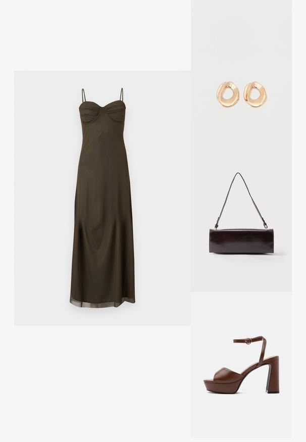 Vestido maxi verde oliva oscuro con tirantes de espagueti, busto fruncido y falda fluida sobre un fondo liso.; Sandalia de plataforma de cuero marrón con tacón alto grueso, puntera abierta y correa ajustable en el tobillo con hebilla dorada, mostrada de lado.; Bolso rectangular de cuero negro con una sola correa larga y acabado brillante, exhibido sobre un fondo blanco liso.; Par de pendientes de aro de metal en tono dorado pulido, de forma irregular y con centro abierto, sobre un fondo blanco liso.