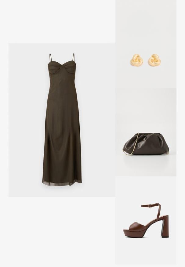 Vestido maxi verde oliva oscuro con tirantes de espagueti, busto fruncido y falda fluida sobre un fondo liso.; Sandalia de plataforma de cuero marrón con tacón alto grueso, puntera abierta y correa ajustable en el tobillo con hebilla dorada, mostrada de lado.; Bolso de mano de cuero marrón con un diseño fruncido, correa de cadena dorada y un acabado suave y texturizado. Forma compacta adecuada para uso nocturno.; Par de pendientes de botón en forma de nudo con acabado dorado brillante sobre un fondo blanco liso.