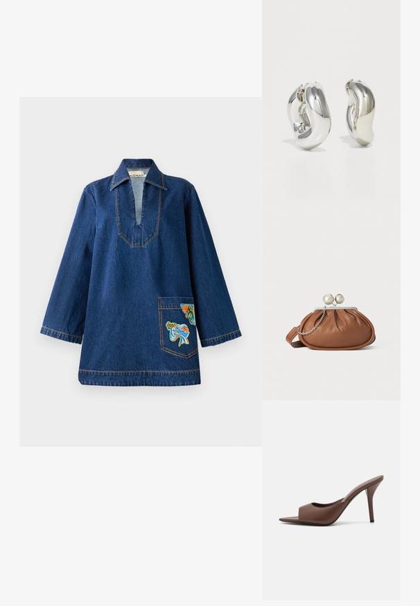 Denim-tunika med djup V-ringning, långa ärmar, kontrasterande gula sömmar och en broderad ficka med färgglada mönster.; Ruskean nahkakengät, joissa on avonainen varvas, korkea kanta ja tyylikäs muotoilu. Kengissä on leveä etuhihna ja hoikka stiletto-korko.; Ruskolehti nahka käärimispuss, jossa on hopeinen pallo-osa ja pieni hopeaketjuvalinta valkoista taustaa vasten.; Hopeista valmistetut veistokselliset korvakorut, joissa on sileät, kaarevat muodot ja heijastavat pinnat. Korvakoruissa on suljettu rengasdesign ja selkeä orgaaninen muoto.