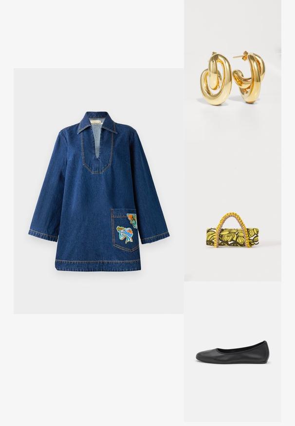 Denim-tunika med djup V-ringning, långa ärmar, kontrasterande gula sömmar och en broderad ficka med färgglada mönster.; Musta nahkainen ballerina, jossa on pyöristetty kärki, sileä pinta, minimaalinen ommelkoristelu ja joustava pohjamuotoilu.; Suorakulmainen laukku, jossa keltainen ja musta kukkakuvio ja punottu keltainen ja vaaleanpunainen kahva valkoisella taustalla.; Charlotte Chesnais BO INITIAL BLOW - Korvakorut - gold-coloured