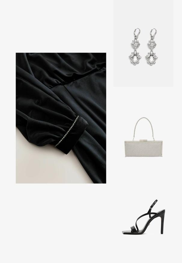 Robe en velours noir à manches longues, présentant des détails froncés à la taille et des poignets ornés d'une rangée de petits accents brillants.; Sandale à talon haut en cuir verni noir avec un bout carré, des lanières fines croisées, une bride de cheville réglable et un talon aiguille.; Pochette rectangulaire en argent avec un design en maille, dotée d'une anse en chaîne et d'une fermeture à verrou en métal. Texture lisse avec des accents scintillants.; Boucles d'oreilles en métal argenté ornées de plusieurs pierres précieuses en cristal transparent en forme de goutte et de marquise, avec des fermoirs à levier et des détails complexes.
