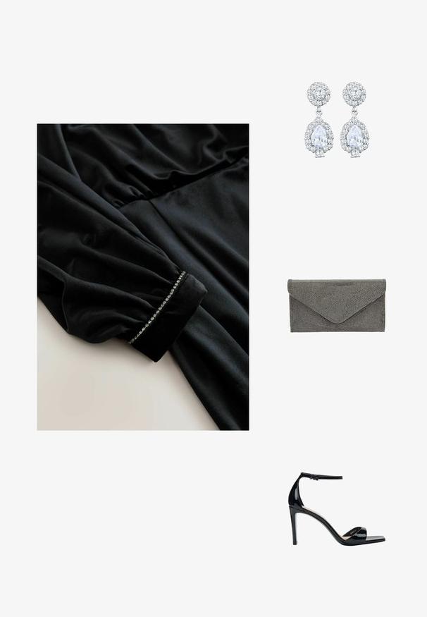Robe en velours noir à manches longues, présentant des détails froncés à la taille et des poignets ornés d'une rangée de petits accents brillants.; Sandale à talon haut en cuir verni noir avec bride à la cheville, bout ouvert et talon aiguilles fin, vue de côté sur fond blanc.; Pochette en tissu noir avec un motif texturé clouté et fermeture portefeuille, présentant une forme rectangulaire élégante et sans quincaillerie visible.; Boucles d'oreilles ton argent avec un clou rond en sertissage pavé, et une goutte en forme de poire entourée de petites pierres, soulignant un effet scintillant.