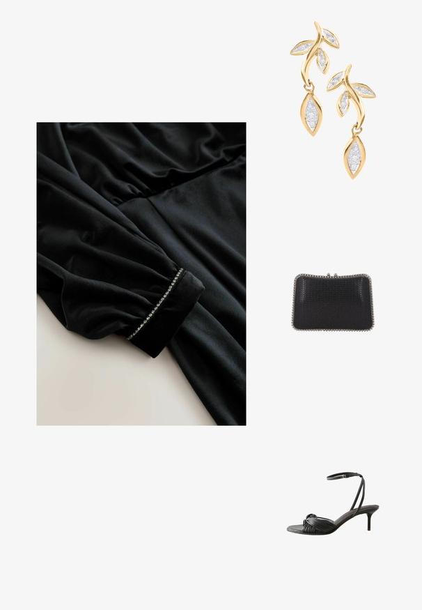 Robe en velours noir à manches longues, présentant des détails froncés à la taille et des poignets ornés d'une rangée de petits accents brillants.; Sandale à talon haut en cuir noir avec des lanières nouées sur les orteils et une fine bride de cheville avec fermeture à boucle.; Petit sac pochette noir texturé avec cadre métallique argenté et fermeture à fermoir sur le dessus, présenté sur fond blanc.; DIAMANT L'ÉTERNEL Boucles d'oreilles - gold coloured