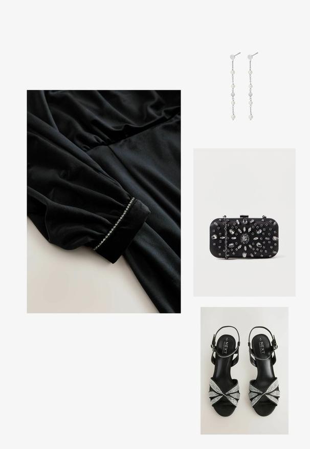 Robe en velours noir à manches longues, présentant des détails froncés à la taille et des poignets ornés d'une rangée de petits accents brillants.; Sandales à talons en daim noir avec un design croisé orné de strass argentés et une fine bride à la cheville. Semelle plate pour le confort.; Pochette noire de forme rectangulaire, ornée de divers strass disposés en motifs floraux, dotée d'une chaîne en argent pour le transport.; Boucles d'oreilles pendantes en chaîne argentée ornées de cinq perles blanches rondes réparties uniformément sur chaque boucle, maintenues par une petite puce circulaire.