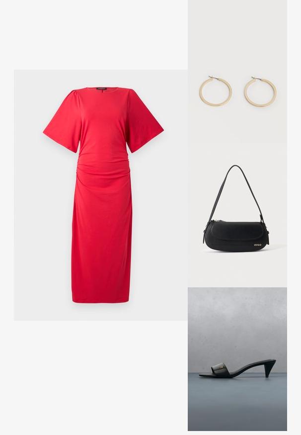 Rotes Midi-Kleid mit kurzen, weiten Ärmeln, rundem Ausschnitt und gerafftem Detail an der Taille, aus einem glatten, dehnbaren Material gefertigt.; Schwarze Leder-Sandalette mit offenem Zehenbereich und Absatz, mit goldenem Logo am Riemen, schwebt über einem gefliesten Außenbelag mit Grünpflanzen im Hintergrund.; Schwarze Lederschultertasche mit geschwungener Klappe, goldenem "HUGO" Logo auf der Vorderseite und einem verstellbaren Riemen.; Paar mittelgroße, glatte Creolen in Goldton mit Scharnier-Verschlüssen auf einem einfarbigen hellen Hintergrund.
