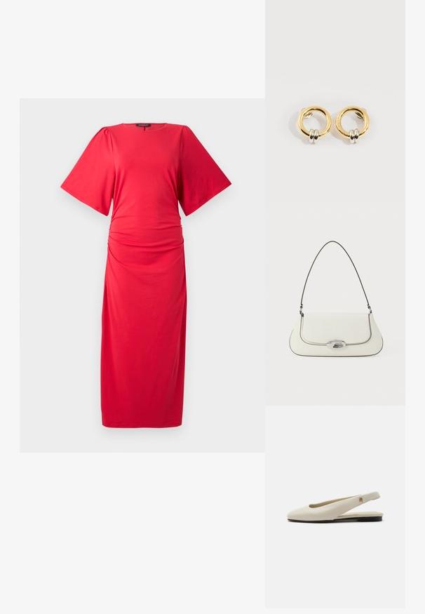 Vestido midi rojo con mangas cortas anchas, escote redondo y detalle fruncido en la cintura, que presenta una textura suave y elástica.; Zapato plano slingback de cuero color crema con puntera redondeada y pequeño emblema dorado en la correa.; Bolso de cuero blanco con un diseño curvado, costuras negras en contraste y un cierre de metal plateado que presenta el logo de Calvin Klein.; Pendientes circulares de oro con dos pequeños anillos de plata en cada uno, que muestran detalles sutiles del nombre de la marca grabado, colocados sobre un fondo blanco.