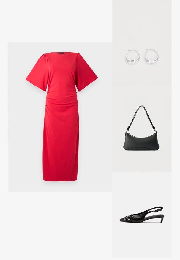 Rotes Midi-Kleid mit kurzen, weiten Ärmeln, rundem Ausschnitt und gerafftem Detail an der Taille, aus einem glatten, dehnbaren Material gefertigt.; Schwarzer Lederslingback mit spitzer Spitze, drei silbernen Schnallen vorne und niedrigem Kittenabsatz auf weißem Hintergrund.; Schwarze Lederschultertasche mit gewölbter rechteckiger Form, goldener Kette, die in den geflochtenen schwarzen Riemen eingewebt ist, und Reißverschlussverschluss oben.; Silberne Creolen mit glänzender Oberfläche und DKNY-Logo, vor einem schlichten weißen Hintergrund präsentiert.