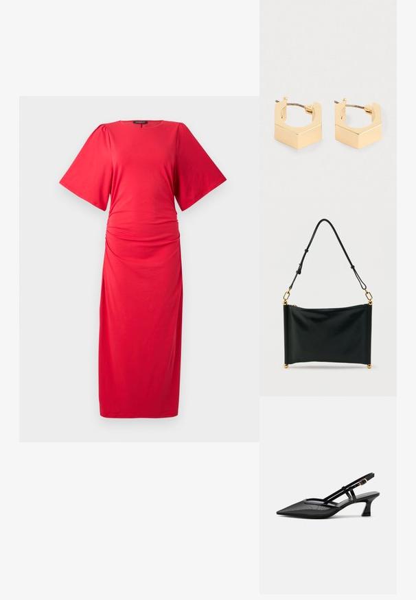 Rotes Midi-Kleid mit kurzen, weiten Ärmeln, rundem Ausschnitt und gerafftem Detail an der Taille, aus einem glatten, dehnbaren Material gefertigt.; Schwarzer spitzer Slingback-Schuh mit Mesh-Obermaterial, dünnen Riemen, goldener Schnalle und niedrigem, geschwungenem Absatz auf weißem Hintergrund.; Schwarze rechteckige Lederhandtasche mit verstellbarem Riemen, goldfarbenen Beschlägen und Reißverschluss, aufrecht stehend vor weißem Hintergrund.; Ein Paar kleine geometrische Creolen aus goldfarbenem Metall mit kantigen Kanten und Steckverschluss auf einem hellen Hintergrund.