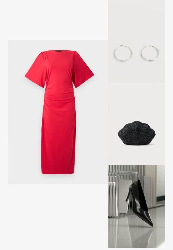 Rotes Midi-Kleid mit kurzen, weiten Ärmeln, rundem Ausschnitt und gerafftem Detail an der Taille, aus einem glatten, dehnbaren Material gefertigt.; Schwarzer High-Heel-Schuh mit spitzer Zehe und goldem Logo, auf einer reflektierenden Oberfläche nahe einem verchromten Draht-Organizer mit Dokumenten positioniert.; Schwarze Korbtasche in Muschelform mit gebogenem Oberteil und gewebter Textur auf einfarbigem Hintergrund.; Silberne Metallcreolen mit glatter, leicht gebogener Oberfläche und Klappverschluss vor schlicht weißem Hintergrund.