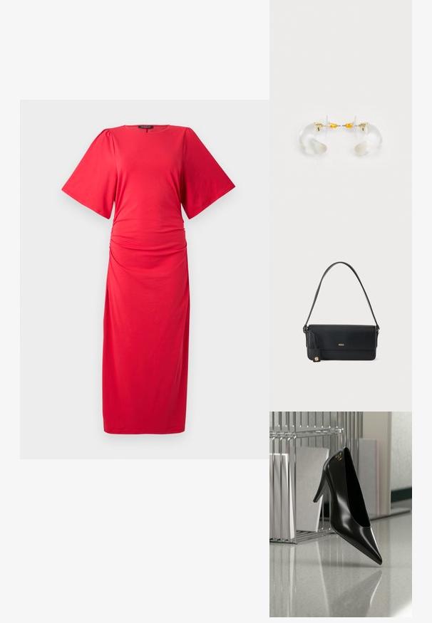 Rotes Midi-Kleid mit kurzen, weiten Ärmeln, rundem Ausschnitt und gerafftem Detail an der Taille, aus einem glatten, dehnbaren Material gefertigt.; Schwarzer High-Heel-Schuh mit spitzer Zehe und goldem Logo, auf einer reflektierenden Oberfläche nahe einem verchromten Draht-Organizer mit Dokumenten positioniert.; Schwarze Leder-Umhängetasche mit goldenem "BOSS"-Logo vorne und einem kleinen goldenen Emblem, das am seitlichen Riemen hängt.; Klare Acryl-Ohrringe in Hoop-Form mit goldenen Akzenten, die ein geschwungenes Design und einen transparenten Verschluss aufweisen. Glatte Textur, minimalistischer Stil.