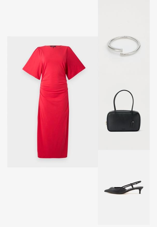 Rotes Midi-Kleid mit kurzen, weiten Ärmeln, rundem Ausschnitt und gerafftem Detail an der Taille, aus einem glatten, dehnbaren Material gefertigt.; Schwarze Slingback-Schuhe mit einer spitzen Zehe, aus glattem Material gefertigt, mit einem kleinen Absatz und einem dekorativen silbernen Akzent auf dem Blatt.; Schwarze rechteckige Handtasche mit doppelten, abgerundeten Griffen, goldfarbenem Reißverschluss und geprägtem „HUGO“-Logo auf der Vorderseite sowie angebrachtem Lederanhänger.; Calvin Klein SPIRAL - Armband - silver-coloured
