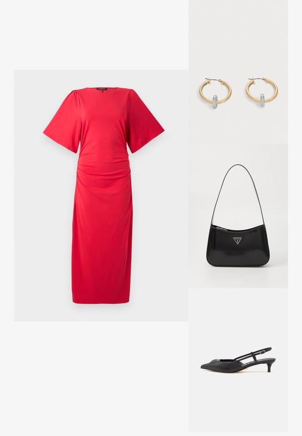 Vestido midi rojo con mangas cortas anchas, escote redondo y detalle fruncido en la cintura, que presenta una textura suave y elástica.; Zapatos slingback negros con punta afilada, hechos de material suave, con un pequeño tacón y un acento decorativo plateado en el empeine.; Bolso de hombro de charol negro con forma curva, que presenta un logotipo triangular plateado y un cierre de cremallera. Textura suave y correa delgada.; Par de pendientes de aro en tono dorado con pequeño detalle de aro en tono plateado en cada uno, expuestos sobre un fondo gris claro.