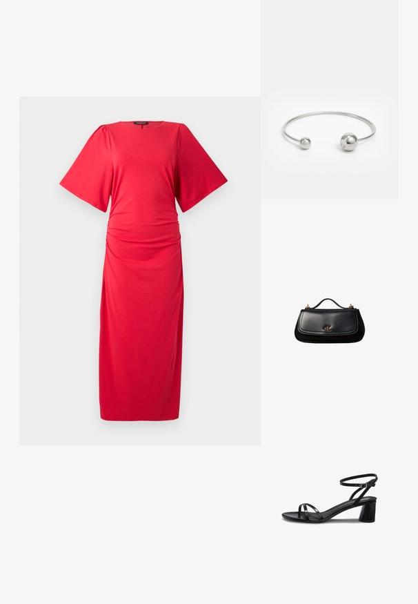Rotes Midi-Kleid mit kurzen, weiten Ärmeln, rundem Ausschnitt und gerafftem Detail an der Taille, aus einem glatten, dehnbaren Material gefertigt.; Schwarze Sandale mit niedrigem Blockabsatz, dünnen Zehen- und Knöchelriemen sowie einer kleinen goldenen Schnalle am Knöchelriemen.; Schwarze Lederhandtasche mit kleinem Griff, goldfarbenem "cK" Logo auf der Frontklappe und goldfarbenen Hardware-Akzenten.; Silberner Metallarmreif mit zwei kugelförmigen Akzenten an jedem Ende, glatte Oberfläche, offenes Design und schlanker, minimalistischer Form.
