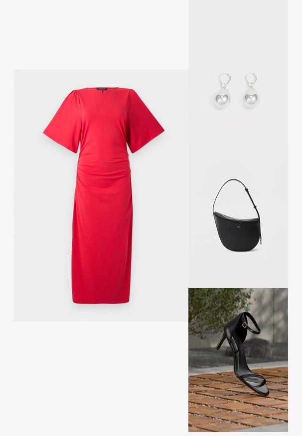 Rotes Midi-Kleid mit kurzen, weiten Ärmeln, rundem Ausschnitt und gerafftem Detail an der Taille, aus einem glatten, dehnbaren Material gefertigt.; Schwarze Sandalette mit hohem Absatz und Knöchelriemen schwebt über einem Holzboden im Freien vor verschwommenem Grün und Steinhintergrund.; Schwarze halbmondförmige Lederschultertasche mit verstellbarem Schulterriemen und goldenem "BOSS"-Logo mittig vorne.; Silberne Tropfenohrringe mit glatten, runden, reflektierenden Oberflächen, die an Hakenverschlüssen hängen. Der Hintergrund ist reinweiß.