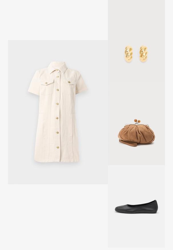 Robe en denim à manches courtes de couleur beige clair, avec une fermeture à boutons sur le devant, deux poches poitrine et des accents en métal doré.; Ballerines en cuir noir avec un bout rond, texture lisse, détails de couture minimalistes et design de semelle flexible.; Petit sac pochette en daim marron doux avec tissu froncé, fermoir métallique, accents de perles en bois et bracelet pour poignet sur fond blanc.; Paire de boucles d’oreilles créoles torsadées dorées brillantes sur un fond clair uni, montrant une surface métallique polie et réfléchissante.
