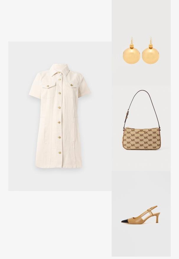 Robe en denim à manches courtes de couleur beige clair, avec une fermeture à boutons sur le devant, deux poches poitrine et des accents en métal doré.; Escarpins slingback couleur fauve avec embout pointu noir, côtés découpés et talon bloc de hauteur moyenne. Matière en cuir lisse.; Sac à bandoulière Michael Kors beige et marron avec motif répétitif du logo "MK" et sangle réglable marron foncé, forme rectangulaire, fermeture éclair.; Paire de boucles d'oreilles boule de Noël dorées brillantes avec fermoirs à crochet sur fond blanc uni.