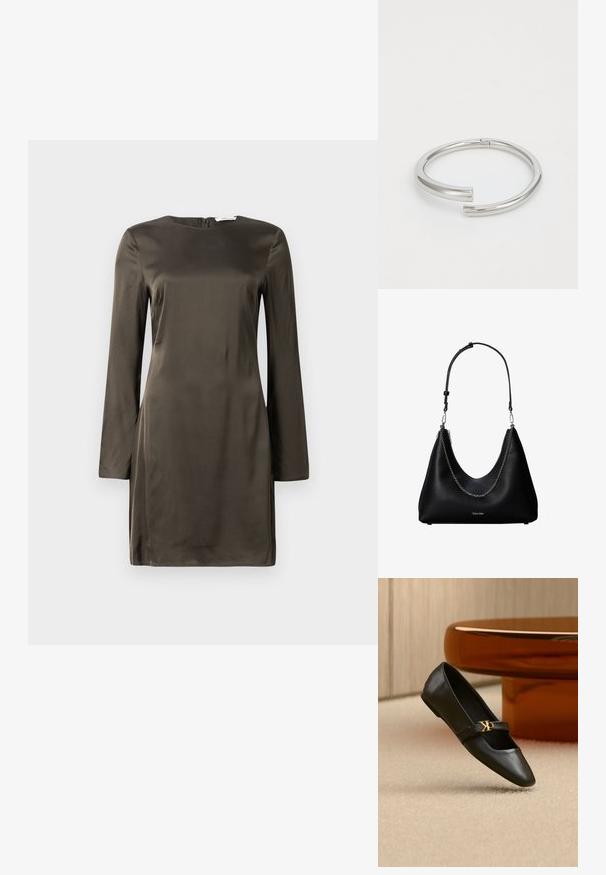 Robe mini en satin olive foncé avec des manches longues, un col rond et une fermeture éclair au dos, présentée sur fond blanc.; Chaussure plate en cuir noir avec bout pointu et logo CK doré sur la bride, posée sur un tapis beige près d'une table ronde couleur ambre brun.; Sac à main en cuir noir avec un détail en chaîne argentée et une bandoulière réglable, arborant le logo Calvin Klein à l'avant.; Calvin Klein SPIRAL - Bracelet - silver-coloured