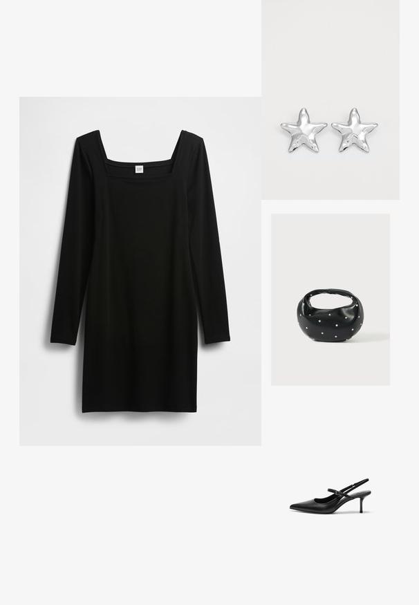 Vestido negro de manga larga con escote cuadrado, confeccionado en una tela suave y elástica. Diseño sencillo y ajustado al cuerpo sin patrones ni detalles adicionales.; Zapatos de tacón slingback de cuero negro con punta afilada, correa ajustable delgada y un tacón de aguja de aproximadamente 5 cm, textura suave.; Bolso de mano de cuero negro con forma redondeada, decorado con detalles de tachuelas plateadas y un asa corta. Textura lisa y cierre con cremallera.; Pendientes en forma de estrella plateada con una superficie pulida y brillante. Cada pendiente presenta cinco puntas y sutiles detalles de textura en la superficie.
