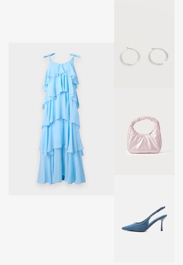 Vestido maxi azul cielo con volantes en capas, tirantes ajustables y una silueta fluida. Está hecho de una tela ligera con una textura suave.; Zapato de tacón alto con puntera puntiaguda, trasera tipo slingback en denim azul con detalles de ojales plateados y correa ajustable con hebilla.; Bolso de mano acolchado en color rosa con un diseño redondeado, fabricado en material brillante. Presenta un asa fruncida y un cierre de cremallera para un acceso seguro.; Pendientes de aro de metal plateado con superficie lisa y ligeramente curvada y cierre de tipo mosquetón sobre un fondo blanco liso.