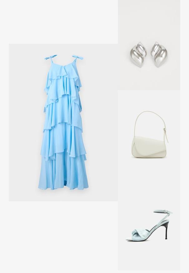Vestido maxi azul cielo con volantes en capas, tirantes ajustables y una silueta fluida. Está hecho de una tela ligera con una textura suave.; Sandalia de tacón alto de ante azul claro con tira frontal anudada y delgada correa en el tobillo con hebilla, sobre un tacón de aguja negro.; Bolso de mano de imitación cuero blanco con una forma triangular estructurada, correa ajustable única y cierre con solapa acentuada en curva.; Pendientes de plata con una forma orgánica y abstracta. Superficie lisa y brillante con un diseño cónico. Presentan suaves curvas y un detalle de línea central.