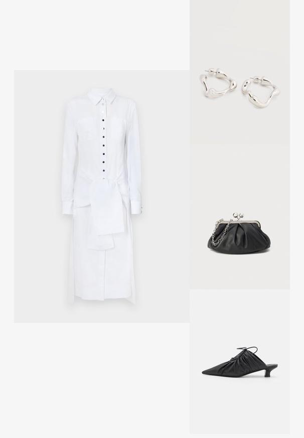 Rabanne Maxikjoler - white; Sorte læder slip-on mules med spids tå, samlet tekstur og en lille kitten heel. Har en snor-detalje ved åbningen.; Sort læder clutch med samlet tekstur, sølvfarvet metalramme, kys-lås lukning og kædestrop. Glat, blød overflade.; Øreringe i sølvfarvet tone med uregelmæssig form og bagerste lukning med stift, placeret på en ensfarvet hvid overflade.