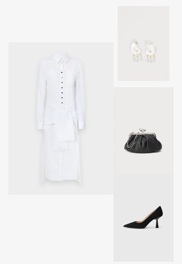 Rabanne Maxikjoler - white; Sorte ruskinds højhælede pumps med spids tå, der har en blank sort blokhæl og en glat indvendig foring.; Sort læder clutch med samlet tekstur, sølvfarvet metalramme, kys-lås lukning og kædestrop. Glat, blød overflade.; Gennemsigtige øreringe i skalform af harpiks med små gyldne accenter og tre hængende gennemsigtige dråbeformede charms på hver ørering.