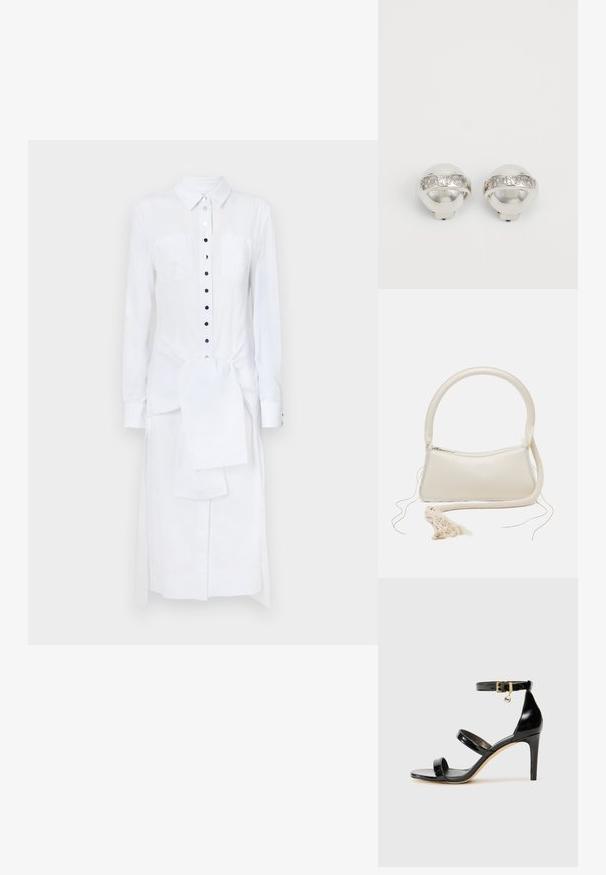Rabanne Maxikjoler - white; Sorte patenterede lædersandaler med tre stropper, ankelspænde og 10 cm stiletthæl. Har detaljer i guld og et logo charms.; Cremefarvet håndtaske med et rundt håndtag, lynlås lukning og frynsedetalje. Har en glat lædertekstur og kontrasterende stofkant.; Sølv clip-on øreringe med en dæmpeform og en graveret "Fiorucci" bånd rundt om midten, der har en poleret, reflekterende overflade.
