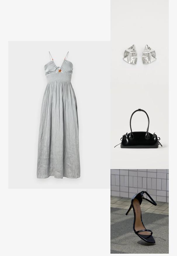 Robe sans manches en satin gris avec un corsage ajusté et une taille froncée. Elle possède des fines bretelles et une jupe froncée avec un détail central décoratif.; Sandale à talons hauts en cuir verni noir avec bride à la cheville, boucle dorée et bout pointu, positionnée verticalement sur une surface de carrelage et d'asphalte.; Petit sac à main noir brillant avec deux longues anses et des détails à cordon sur les côtés sur un fond clair uni.; Boucles d'oreilles en métal argenté avec un design ondulé et sculptural, présentant une finition polie et des formes irrégulières, mettant en valeur une esthétique contemporaine.